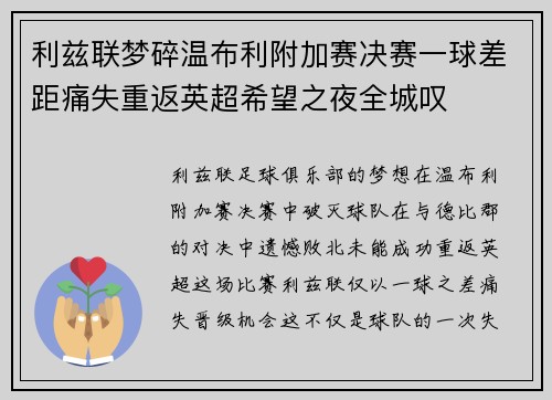 利兹联梦碎温布利附加赛决赛一球差距痛失重返英超希望之夜全城叹 利兹联梦碎温布利附加赛决赛一球差距痛失重返英超希望之夜全城叹